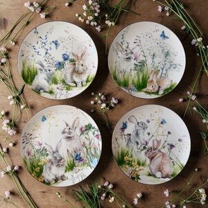 Williams Sonoma Floral Meadow Bunny Rabbit Easter Spring 9” Plates Set of 4
